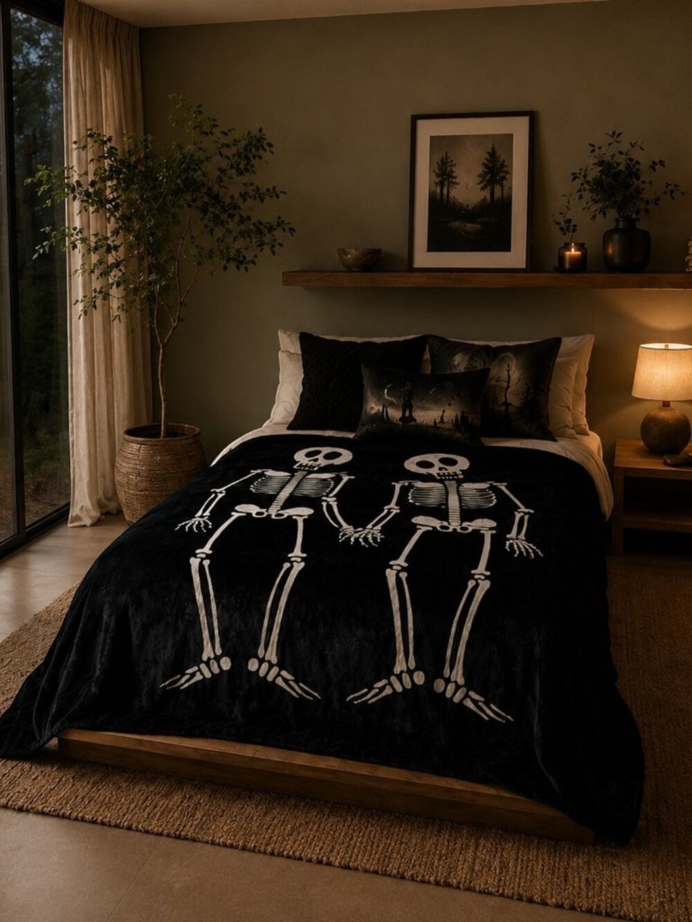 Rachel Zoe Queen Faux Fur Skeleton Halloween Blanket Black White NWT